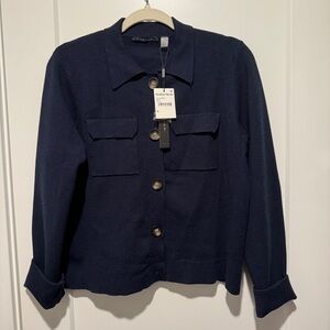 Tahari Navy Lady Jacket Style Button Front Cropped Cardigan M Career NWT Career